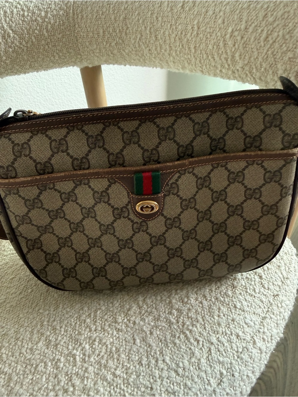 Gucci Beige GG Canvas Messenger Bag with Brown Trim and Green-Red Web